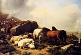 Eugene Verboeckhoven Canvas Paintings - Horses And Sheep By The Coast